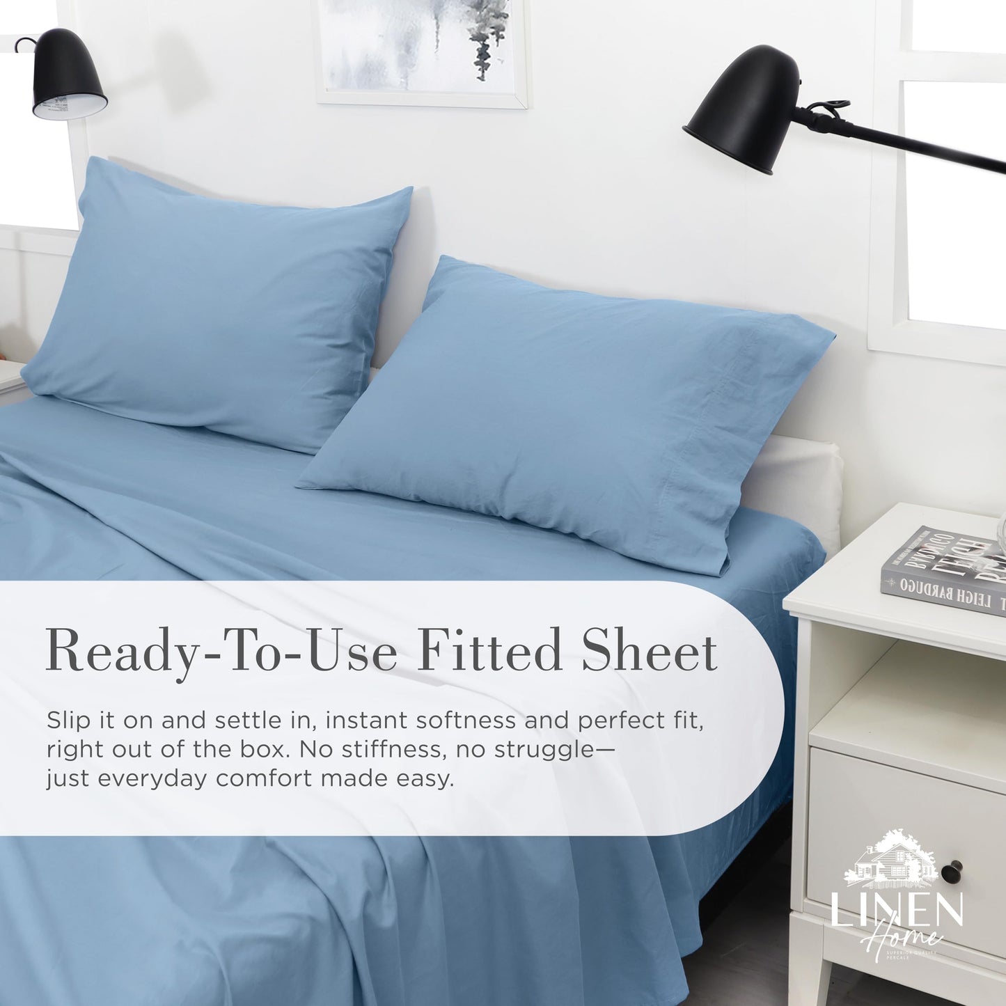 Linen Home Washed Cotton Percale Fitted Sheet Queen Size, ICY Blue, 1 Deep Pocket Fitted Sheet, Soft and Cool Strong Bed Linen, 60"X80"+14"