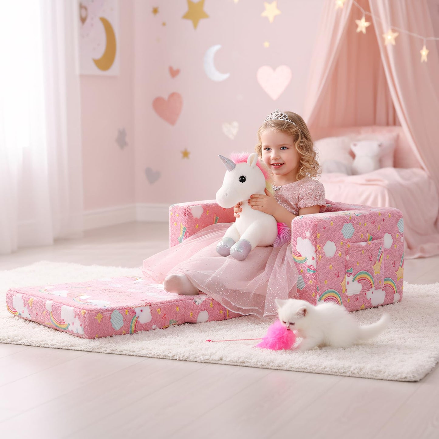 Givjoy Kids Sofa Toddler Chair, Children Couch with Side Pockets 2 in 1 Glow in Dark Armchair with Removable and Washable Cover Carrying Handle Kids Reading Sofa for Playroom, Pink Rainbow