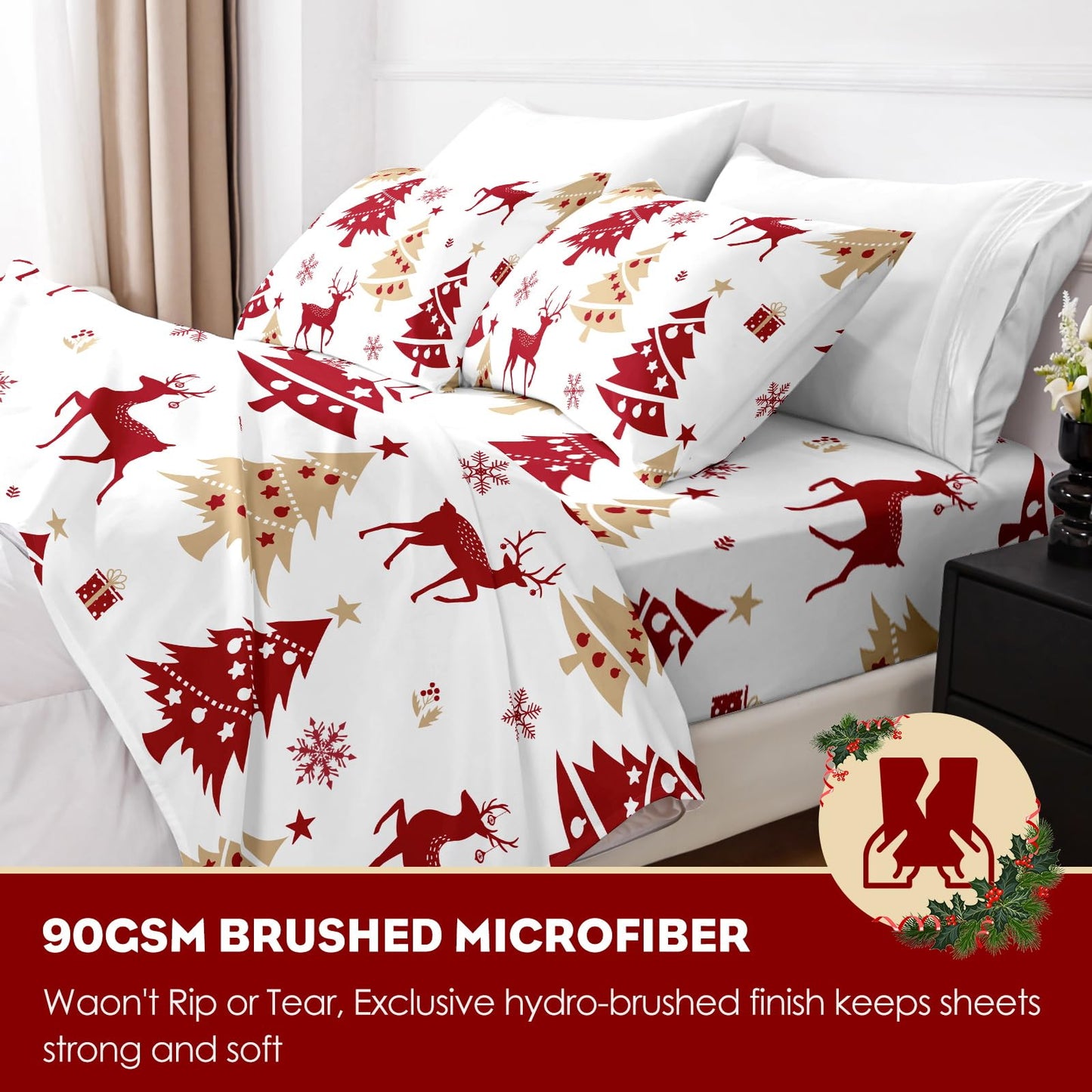 HCORA Christmas King Size Sheets Set, Luxury 1800TC Hotel Quality Double Brushed Microfiber Deep Pocket Bed Sheets, Ultra Soft, Breathable, 4PC, King