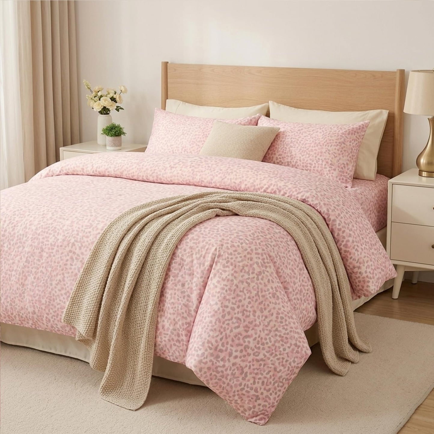 Cozaline 100% Cotton Duvet Cover Queen Size, Pink Leopard Print Bedding Set with Zipper Closure, African Wildlife Animal Skin Cheetah Print Comforter Cover with 2 Pillowcases for Women Men