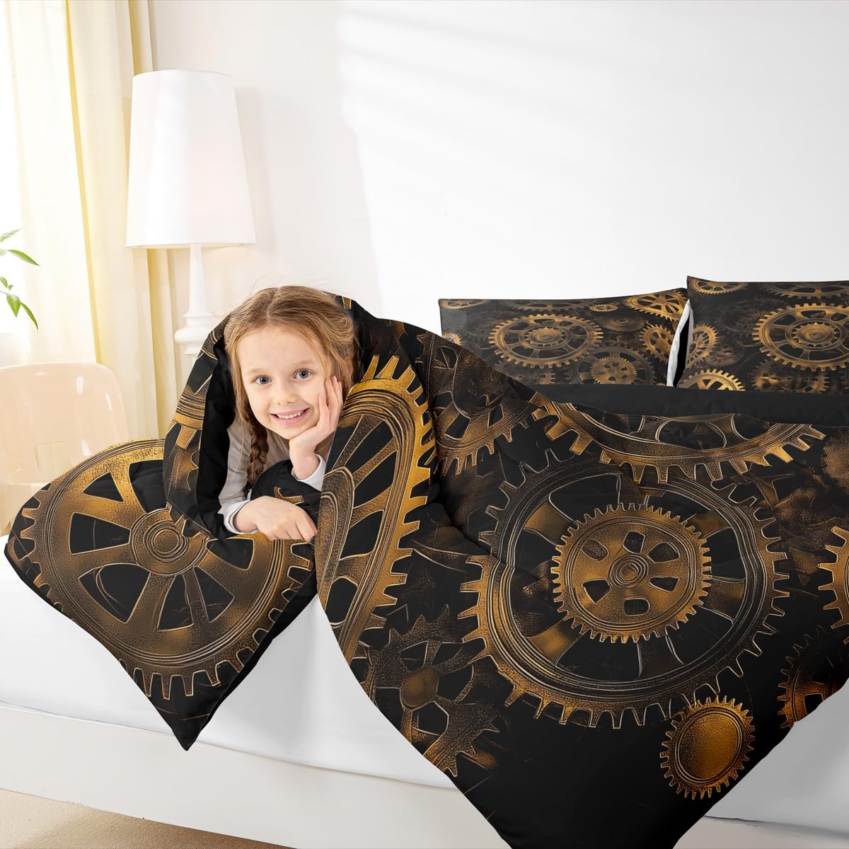 Golden Ndustrial Gear Comforter Set King Size Steampunk Style Bedding Set Clocks Theme Bedding Sets & Collections for Kids Boys Teens Men Mechanical Device Quilt Set,Retro Style Bedroom Decor
