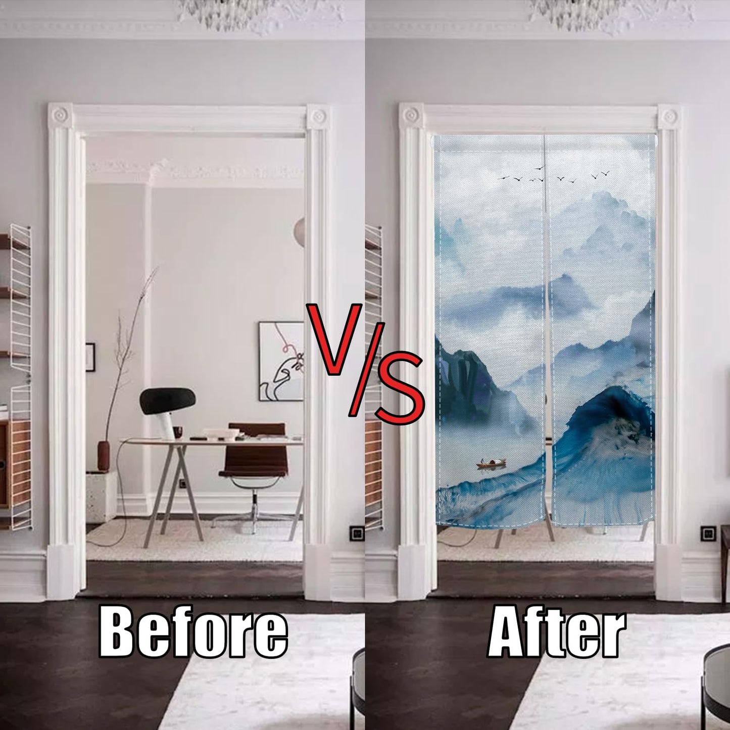 Leowefowa Japanese Noren Doorway Curtain Long Style Chinese Traditional Ink Mount Print Window Treatment Entrance Fengshui Door Tapestry for Hanging Room Divider Kitchen Home Decor, 33.5"x 70.9"