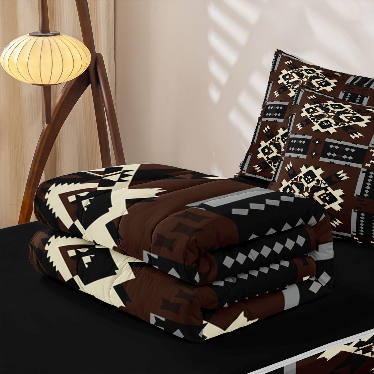 Brown Aztec Zipper Bedding Set Full,Southwestern Tribal Bed-in-a-Bag Set Zip-Up Comforter with Fitted Sheet & Pillowcases,Black and White Native Farmhouse Bedroom Decor for Kids & Teens Pet Friendly