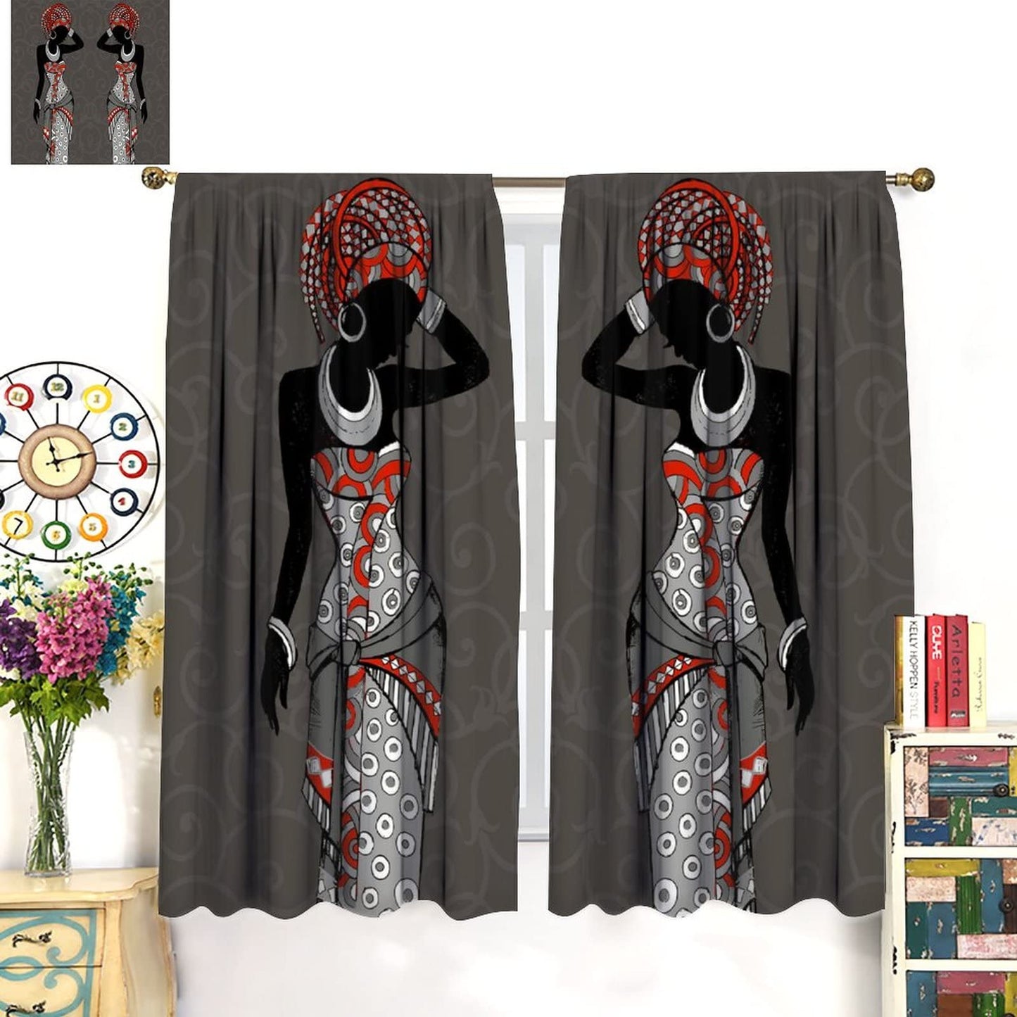 JESTRONRY Black Girl Window Curtains,African Woman Hand Drawn Tribal Ethnic Theme Room Darkening Door Window Rod Pocket Curtain for Living Room Bedroom Kitchen Bathroom Decor W42xL45in