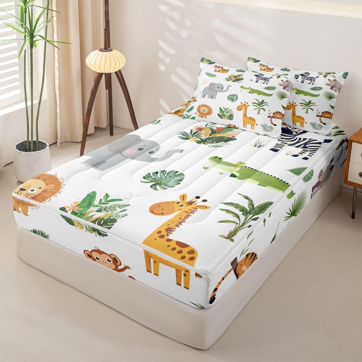 Erosebridal Wild Animals Zip Up Bedding Set Twin Safari Animals Zipper Comforter Set with Sheets Boys Girls Cute Crocodile Lion Bed in a Bag Cartoon Elephant Giraffe Tropical Bed Sets