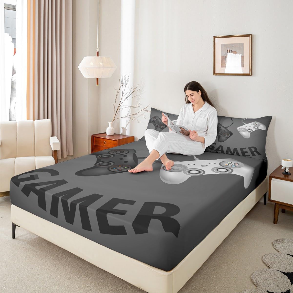 Erosebridal Gamepad Bedding Set Twin Size for Kids Boys Girls, Video Games Decor Bed Cover Gaming Controller Fitted Sheet Gamer Theme Fitted Sheet Set, Child Teens Gift Present, Black