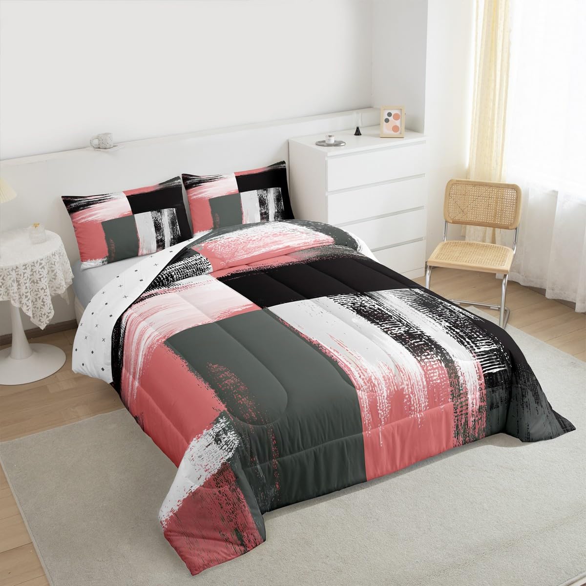 Feelyou Buffalo Check Comforter Set Geometric Comforter for Kids Boys Girls Teens Geometric Pink Grey Black White Bedding Set Breathable Modern Art Duvet Set Room Decor Quilt Set Queen Size