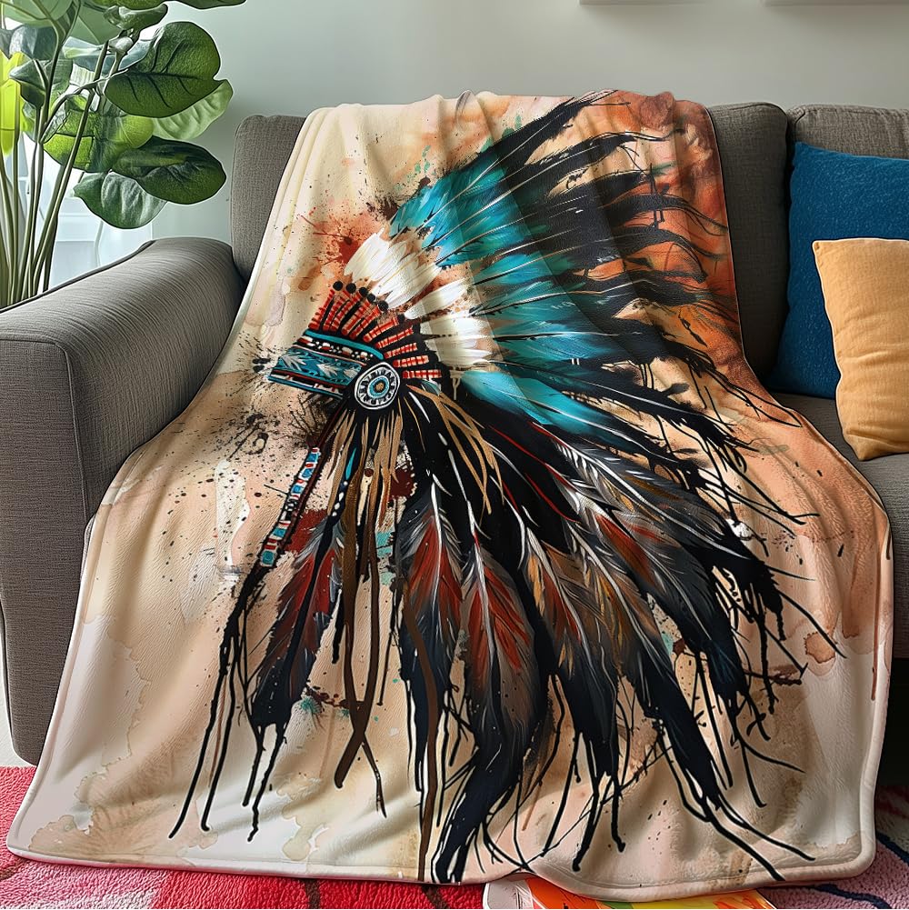 HUNXIAOJ Native American Throw Blanket Indian Print Blanket Indian Feather Headdress Pattern Native American Bedding Warm Soft Flannel for Bed Sofa Couch (50 in x 60 in)