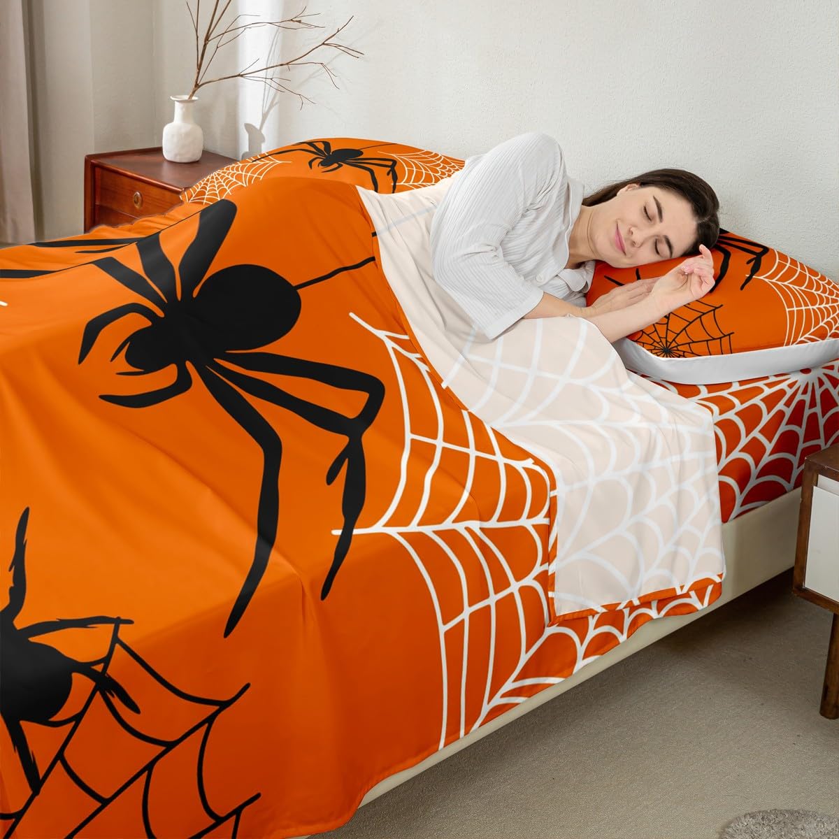 Castle Fairy Halloween Bed Sheets Full Size 4 Pcs,Black Spider Wild Animals Bedding Set for Kids Teens Adults,Black White Spider Web Grid Sheet Set with Flat,Fitted Sheet,2 Pillowcases