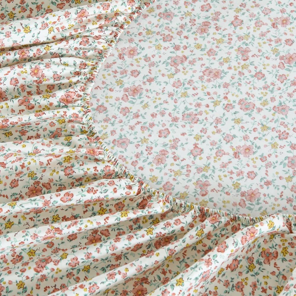 DAUAOTO 100% Cotton Bedding Printed Sheets Set for King Size Bed Up to 14" Deep Mattress, Ditsy Floral Pattern Bedlinen Sets, Pink