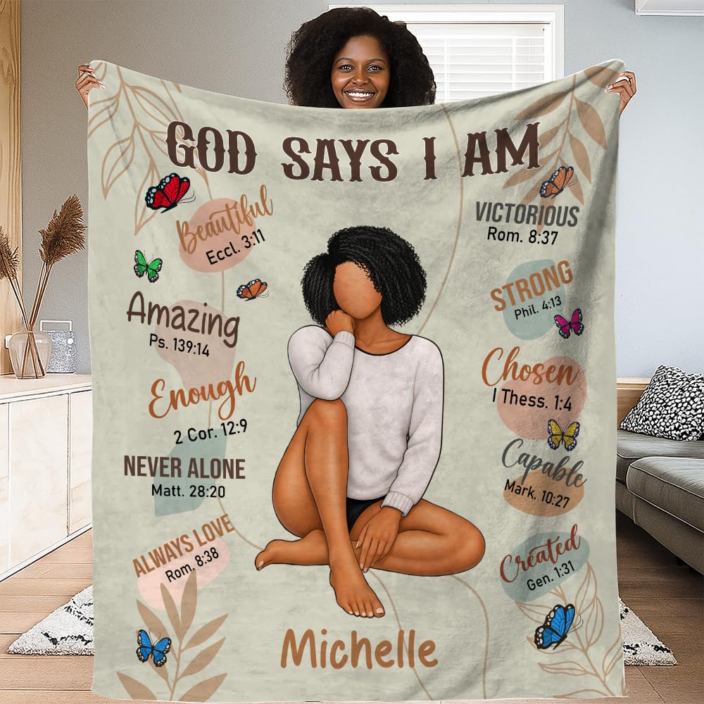 CAPOZEN Personalized God Says I AM Blanket – Custom Name African Inspirational Christian Throw Blankets Gifts for Queen Girl Black Women (Style #2)
