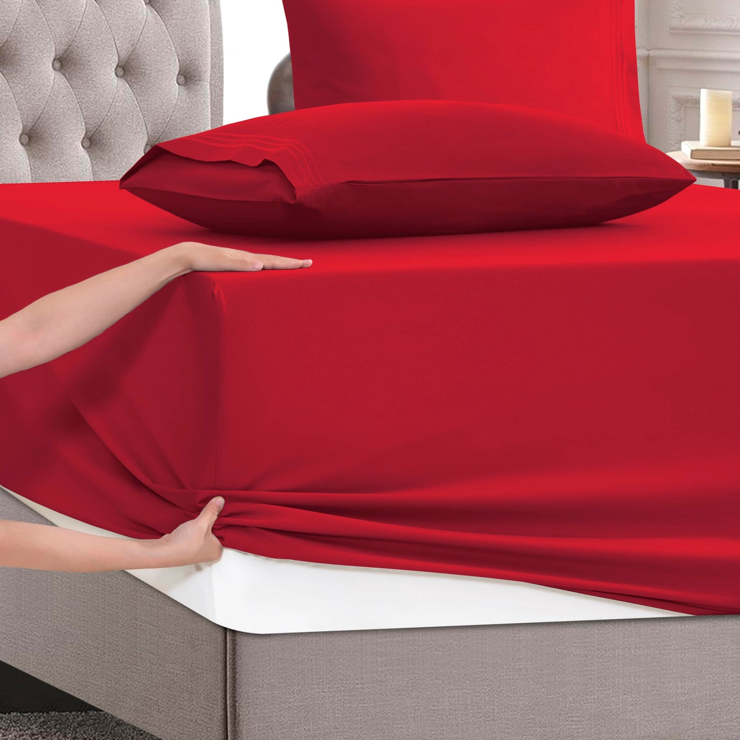 Mocassi Full Size 4-Piece Bed Sheet Set - 1800 Premium Hotel Quality Microfiber 18-24 Inches Extra Deep Pocket Fitted Sheet- Luxury Soft, Breathable, Wrinkle, and Fade Resistant, Red