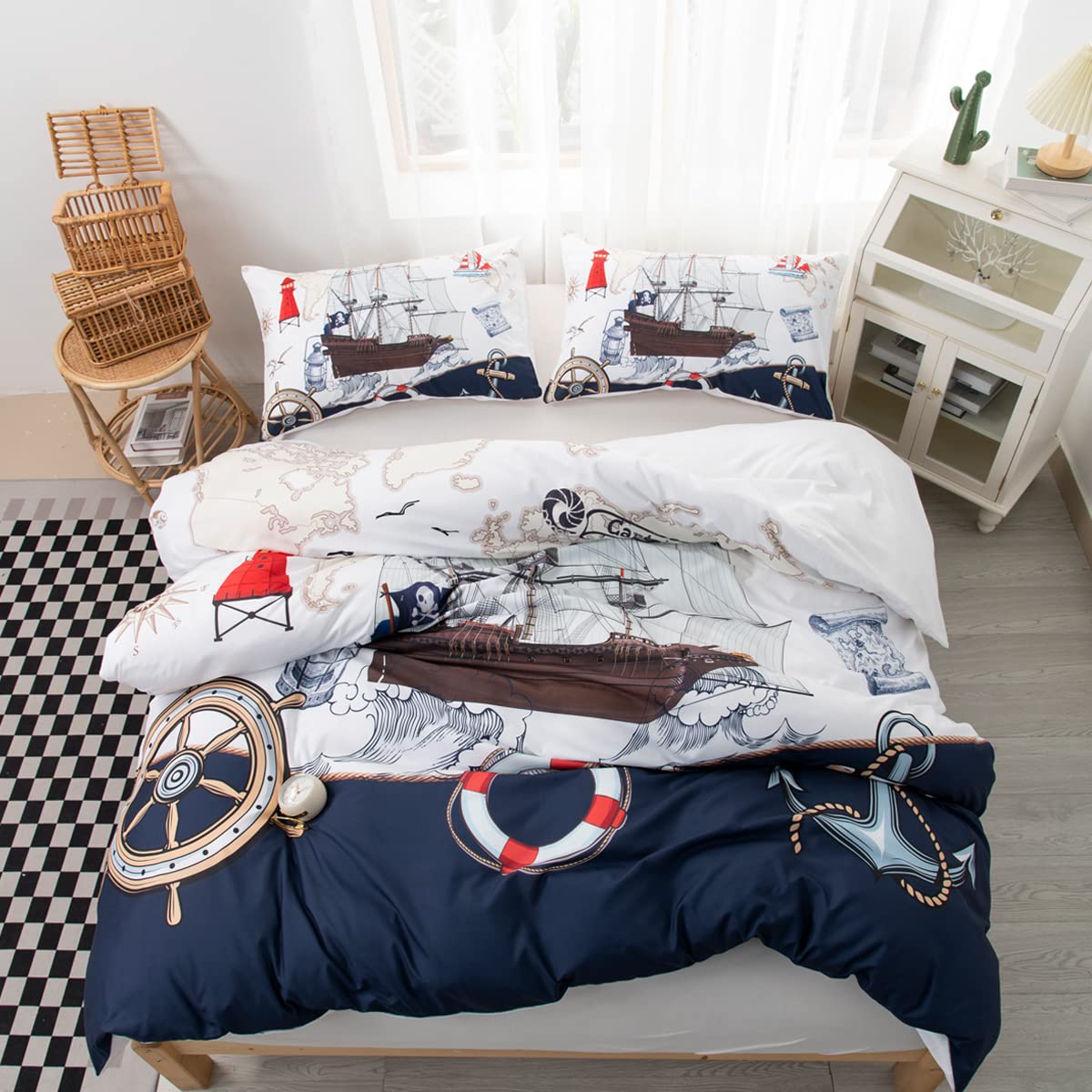 CVHOUSE Nautical Bedding Set King Size,Nautical Sailboat Bed for Boys Teens,Ocean Themed Sailing Anchor Comforter Cover Soft,Anchor Duvet Quilt King 90'x102'