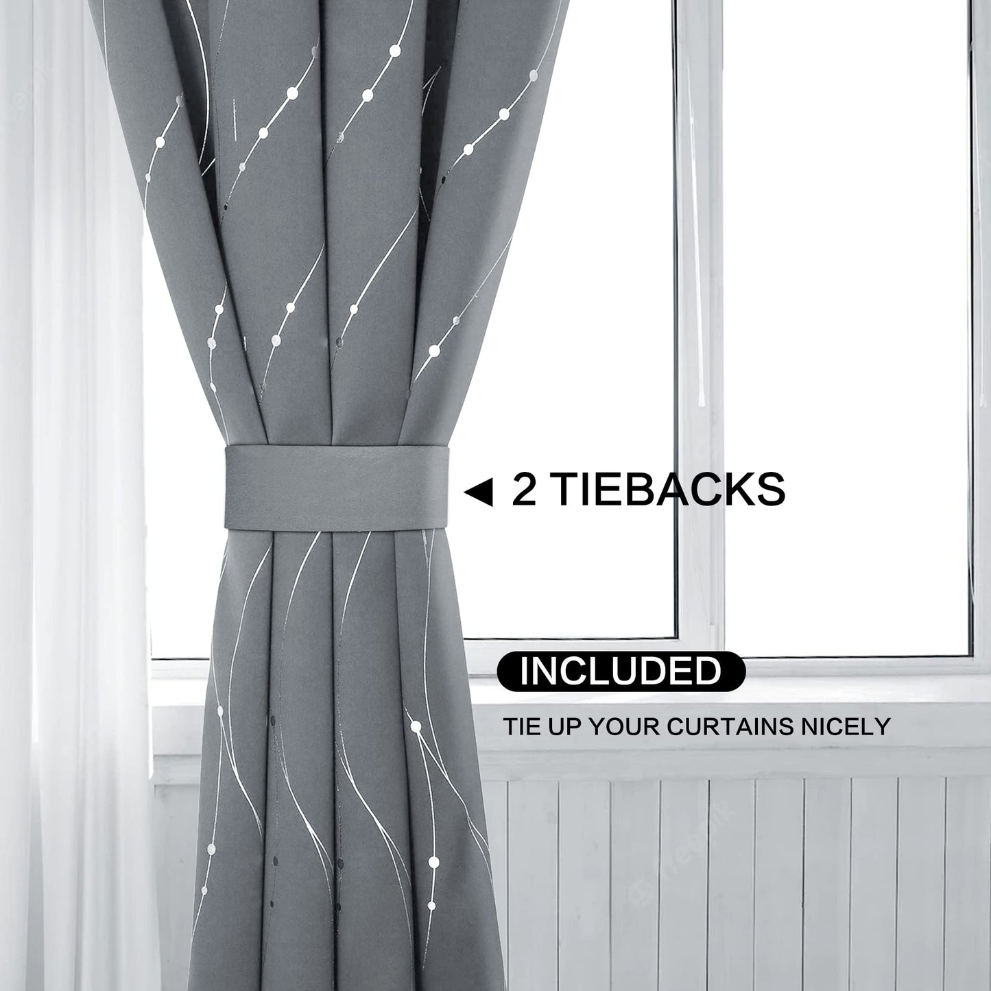 BUHUA Light Grey Blackout Curtains with Wave Line and Dots Printed Grommet Top Drapes Thermal Insulated Blackout Window Curtain for Bedroom Living Room 38W×45L Inch Lenght 2 Panels