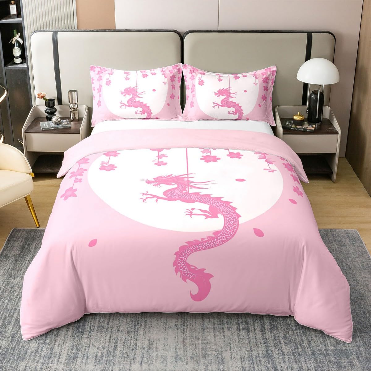 Erosebridal Pink White Kawaii Comforter Cover Twin Size 100% Cotton for Kids Girls Teen Women,Fantasy Animal Dragon Duvet Cover Magical Wildlife Bedding Set Aesthetic Romantic Cherry Blossom Bed Set