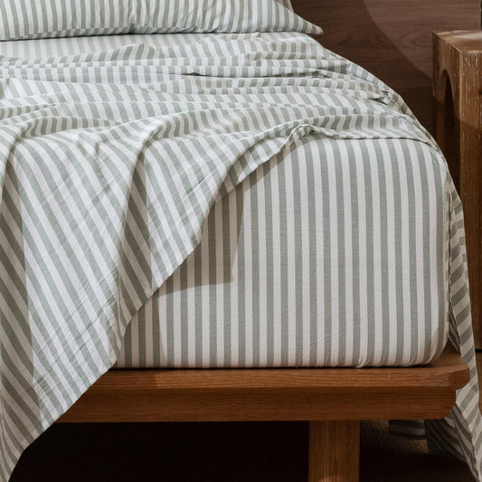 MooMee Striped Fitted Bottom Sheet Only 100% Washed Cotton Linen Like Textured Breathable Durable Soft Comfy Deep Pocket Fits Mattress up to 17" (Sage Green White Classic Stripes, Queen)