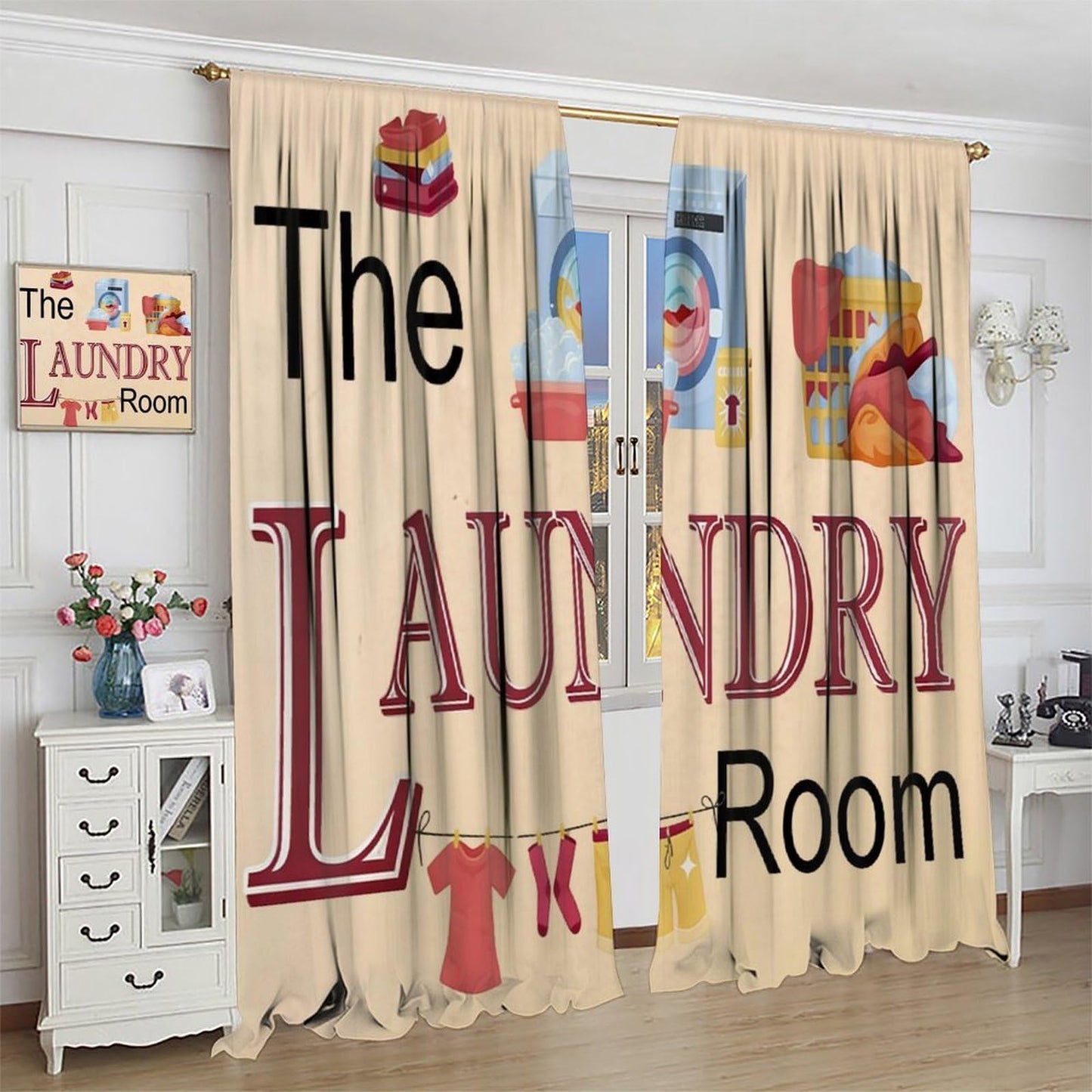 Nsbul Vintage Laundry Room Curtains, Farmhouse Rustic Wash Dry Clothes Quotes Window Drapes Treatments for Kitchen Living Room Bedroom Laundry, 42" W X 45" L(No Blackout)