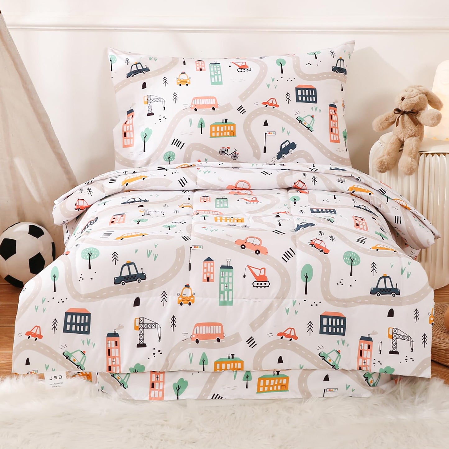 JSD Car Toddler Bedding Set, 4 Piece Bed-in-a-Bag Toddler Microfiber Comforter Sheet Set, All Season Machine Washable