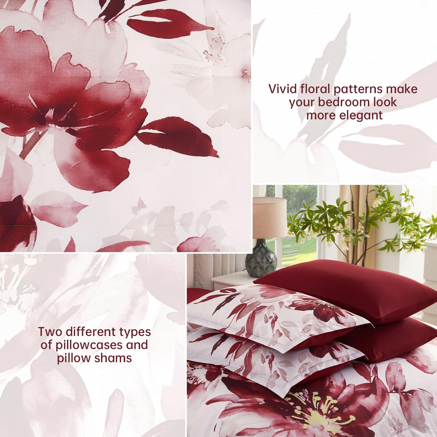 Luxudecor Floral Comforter Set King Size, 7 Piece Burgundy Flower Set Bed in a Bag,Soft Microfiber Farmhouse Shabby Chic Bedding Set for All Season(90"x104")