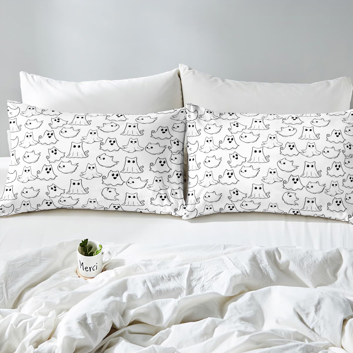 Feelyou Cartoon Ghost Bedding Set Queen Size Kids Kawaii Cute Ghost Comforter Cover Set for Boys Girls Teens Geometric Stripe Duvet Cover Halloween Theme Bedspread Cover（No Comforter