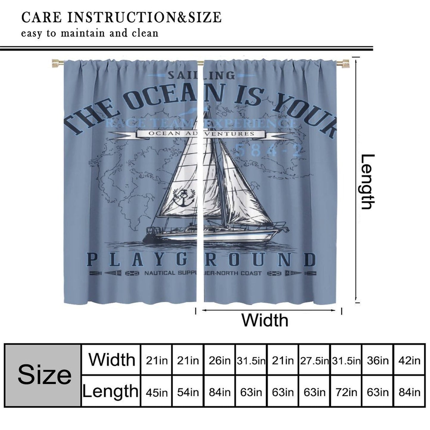 Ocean Nautical Curtain, Funny Retro Coastal Sailboat World Map Pattern Print Decor Rod Pocket Window Treatments, for Bedroom Living Room Kitchen 42" W X 45" L