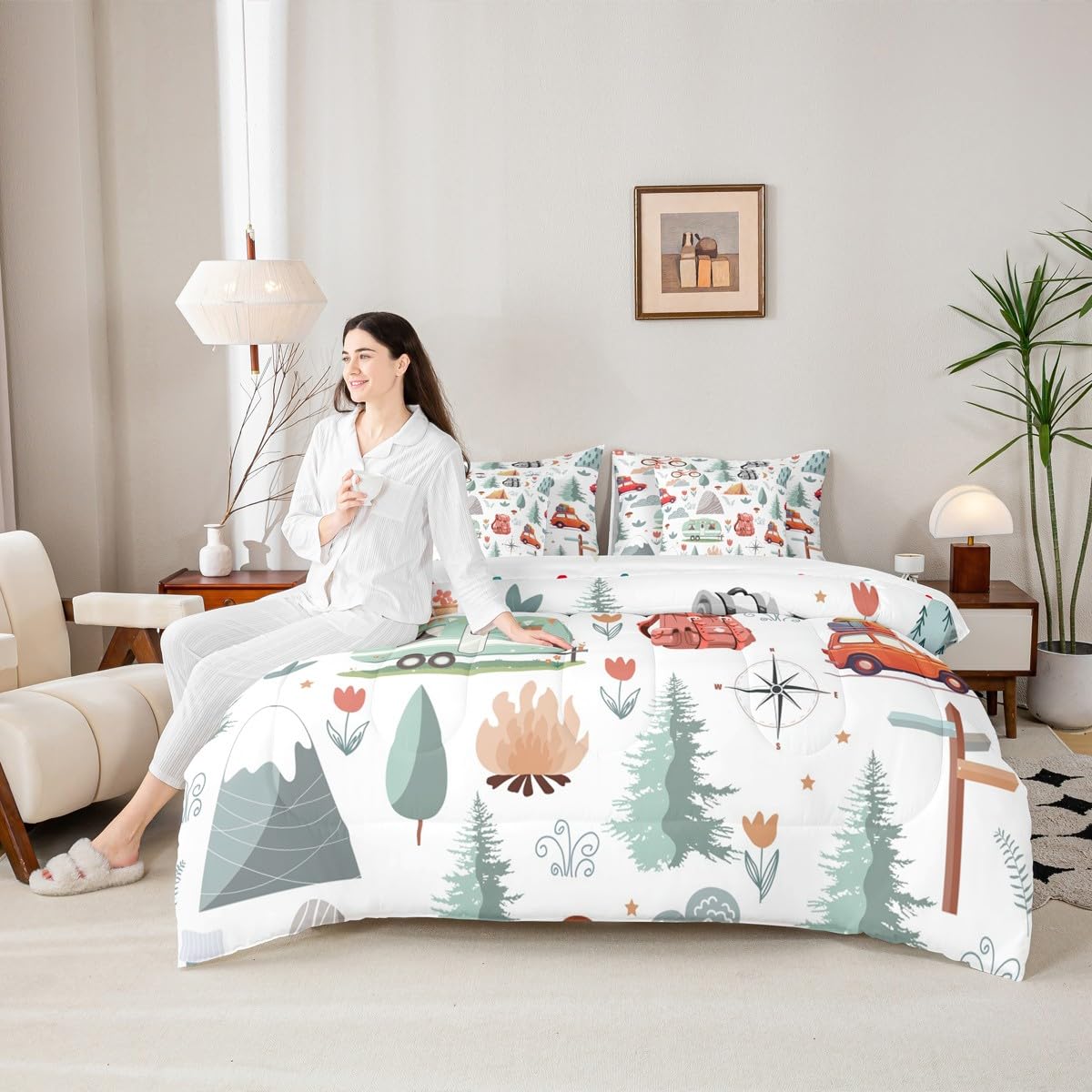 Erosebridal Kids Camper Theme 7 Pcs Comforter Set Twin Bed in a Bag,Happy Camping Bedding Set,Travel Car Rv Accessories Down Comforter,Botanical Flowers Mountain Adventure Quilt,Cute Camper Sheets