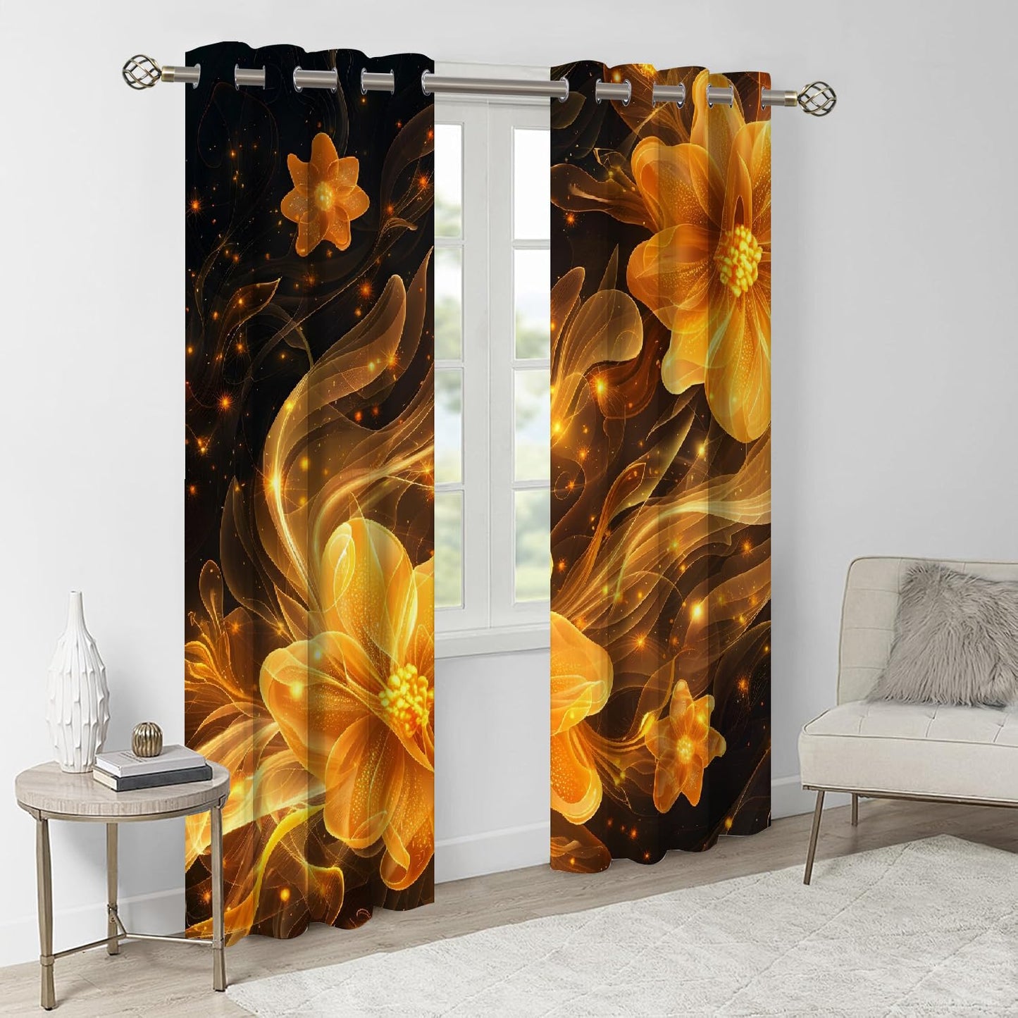 Abstract Golden Flowers Blackout Curtains, Shiny Background Window Curtain Set of 2 Panels, 3D Printed Energy Saving Noise Reducing Drapes for Bedroom Living Room Decor(84" W x 84 "L)