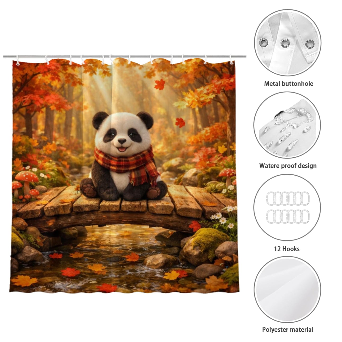 REZHOCH Autumn Forest Funny Panda Shower Curtain 72x72 Inch,Cute Animal Rustic Fall Nature Scenic Maple Leaves Creek Bridge Bathroom Decor,Farmhouse Woodland Boho Bath Set