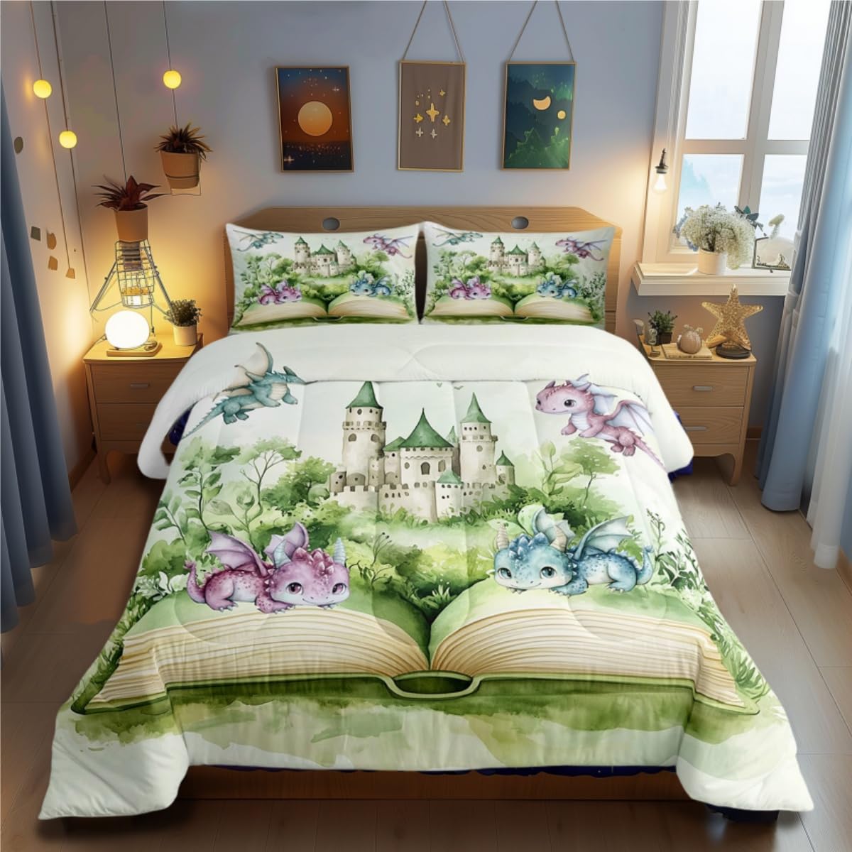 Kawaii Dragon Kids Comforter Sets Toddler Size,Jungle Princess Castle Bedding Comforter Sets,Boys Girls Magic Book Quilt Sets for Bedroom Decor,Green Plants Leaves Duvet Insert with 1 Pillowcase