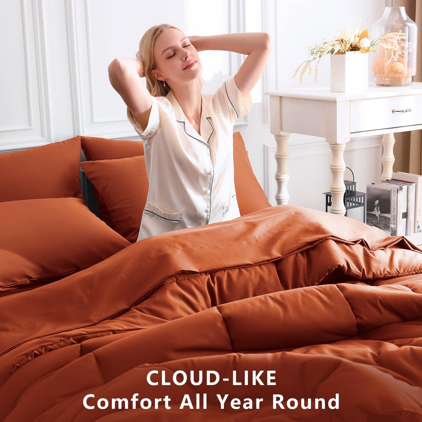 CozyLux Queen Comforter Set Terracotta, 7 Pieces Bed in a Bag, Burnt Orange Fall Comforters Queen Size, All Season Bedding Sets with Stitch Quilted Comforter, Flat Sheet, Fitted Sheet, Pillowcases