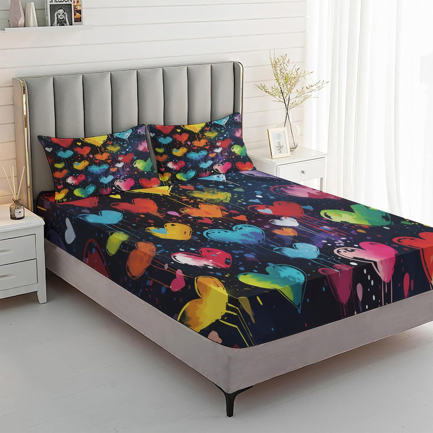 Love Heart Sheets Queen Sheet Set, Couple Colorful Heart Bed Sheets, Rainbow Heart Children Kids Boys Girls Bedding Bedroom Decor, Soft Microfiber Deep Pocket Fitted Sheet & Flat Sheet & 2 Pillowcases