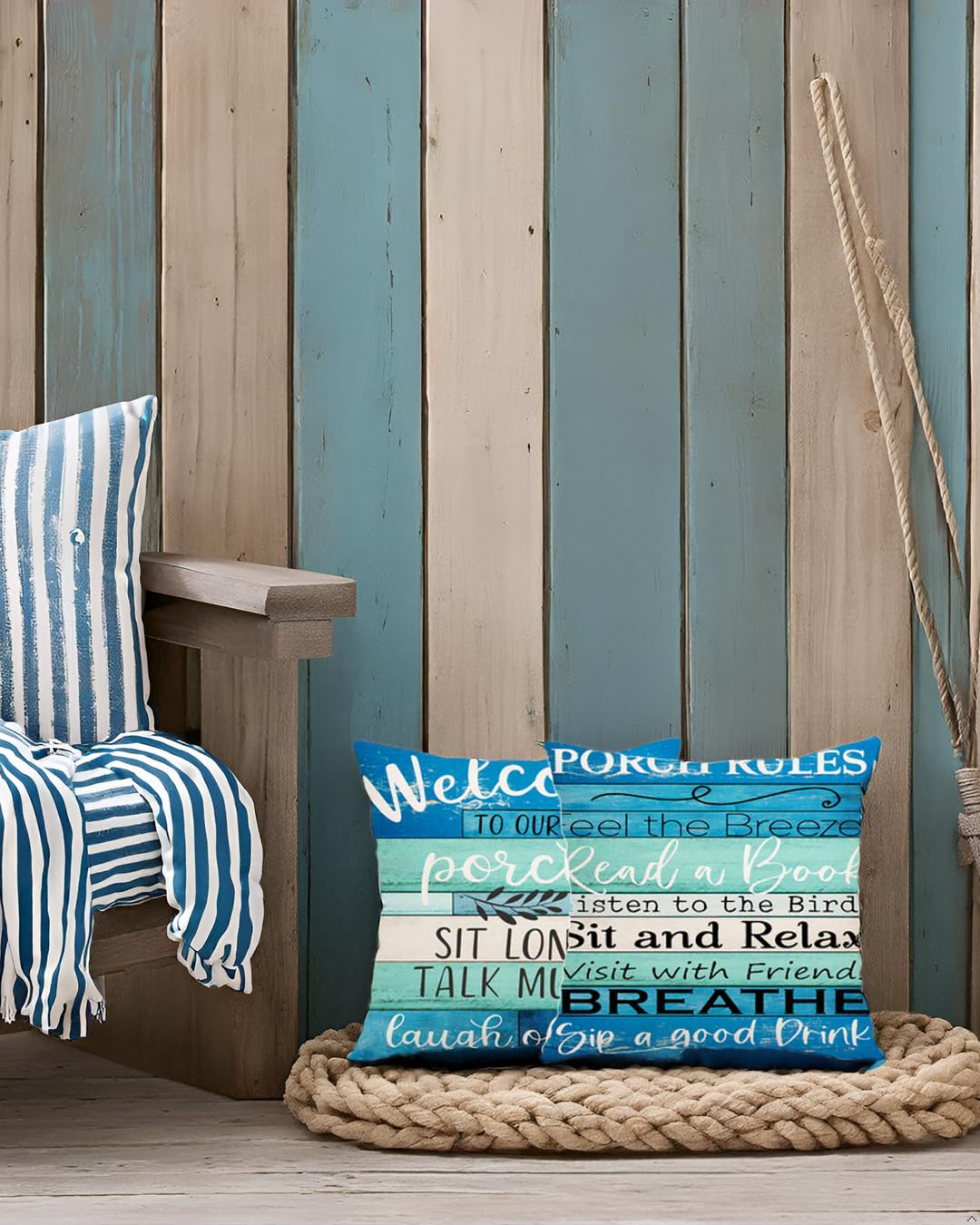 Jartinle Waterproof Outdoor Pillow Covers 18x18 - Turquoise Blue Beige Woodgrain Coastal Farmhouse Welcome to Porch Decorative Cushion Covers for Patio Furniture, Set of 2