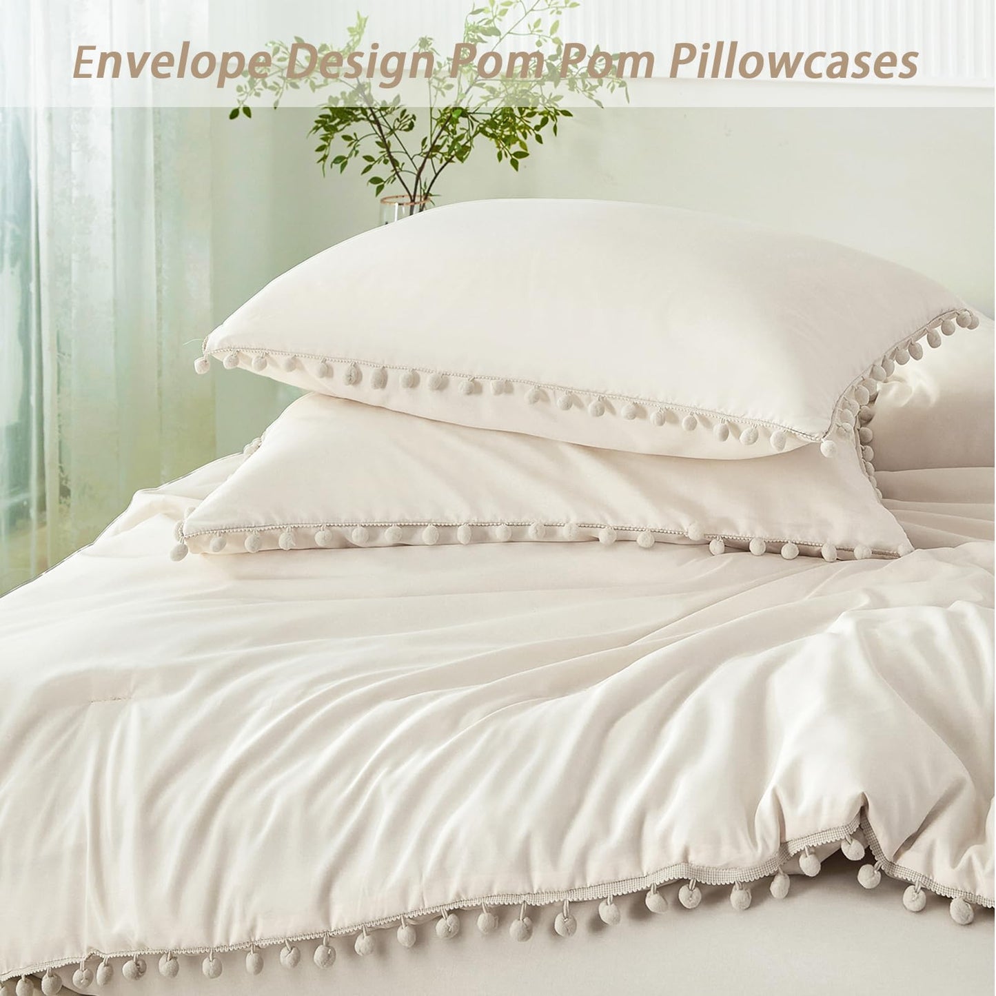PERFEMET Girls Comforter Set Twin Size Beige Cream 5 Pieces Boho Pom Pom Bed in A Bag with Sheets Ultra Soft Lightweight Fluffy Beige Solid Bedding Set Matching 2 Pillowcases(Beige Cream, Twin)