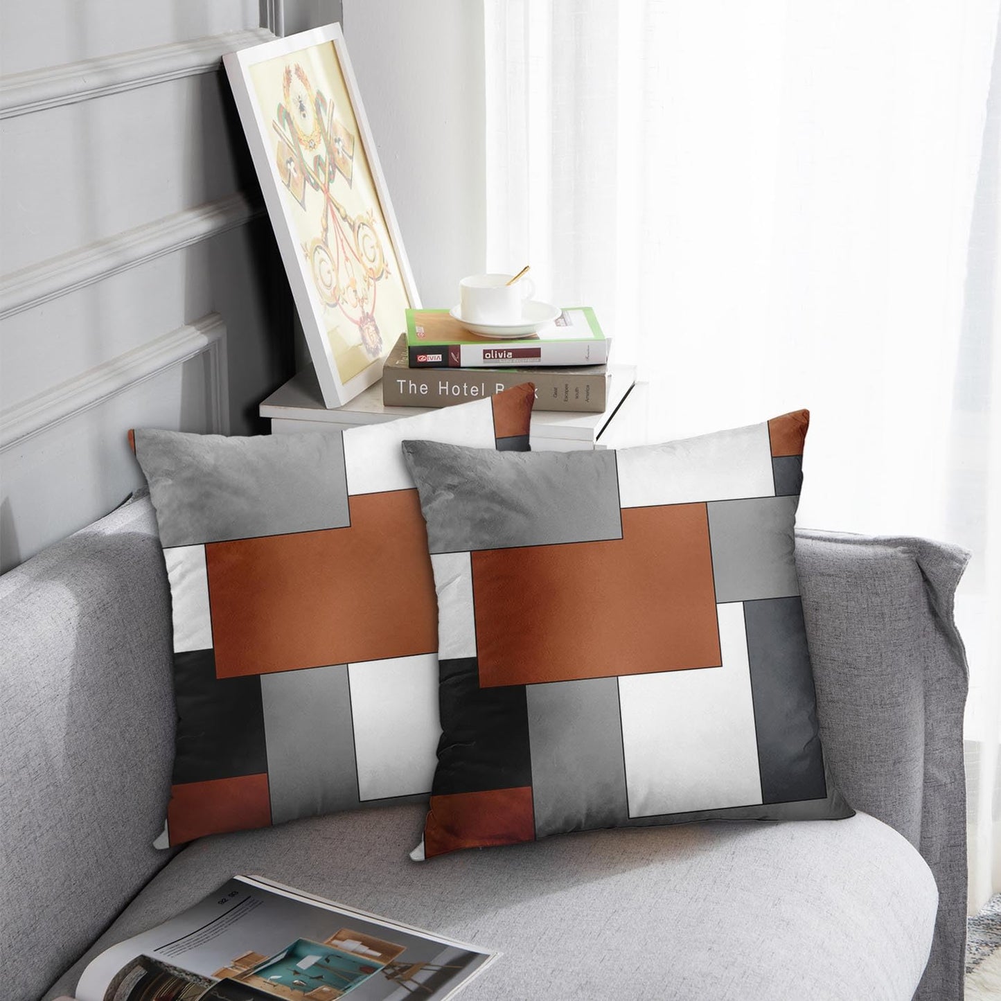 Emvency Set of 2 Dark Rust Geometric Throw Pillow Cover Black Grey White Painting Abstract Checkered Design Decorative Pillow Case Modern Home Decor Standard Square 18x18 Inch Cushion Pillowcase