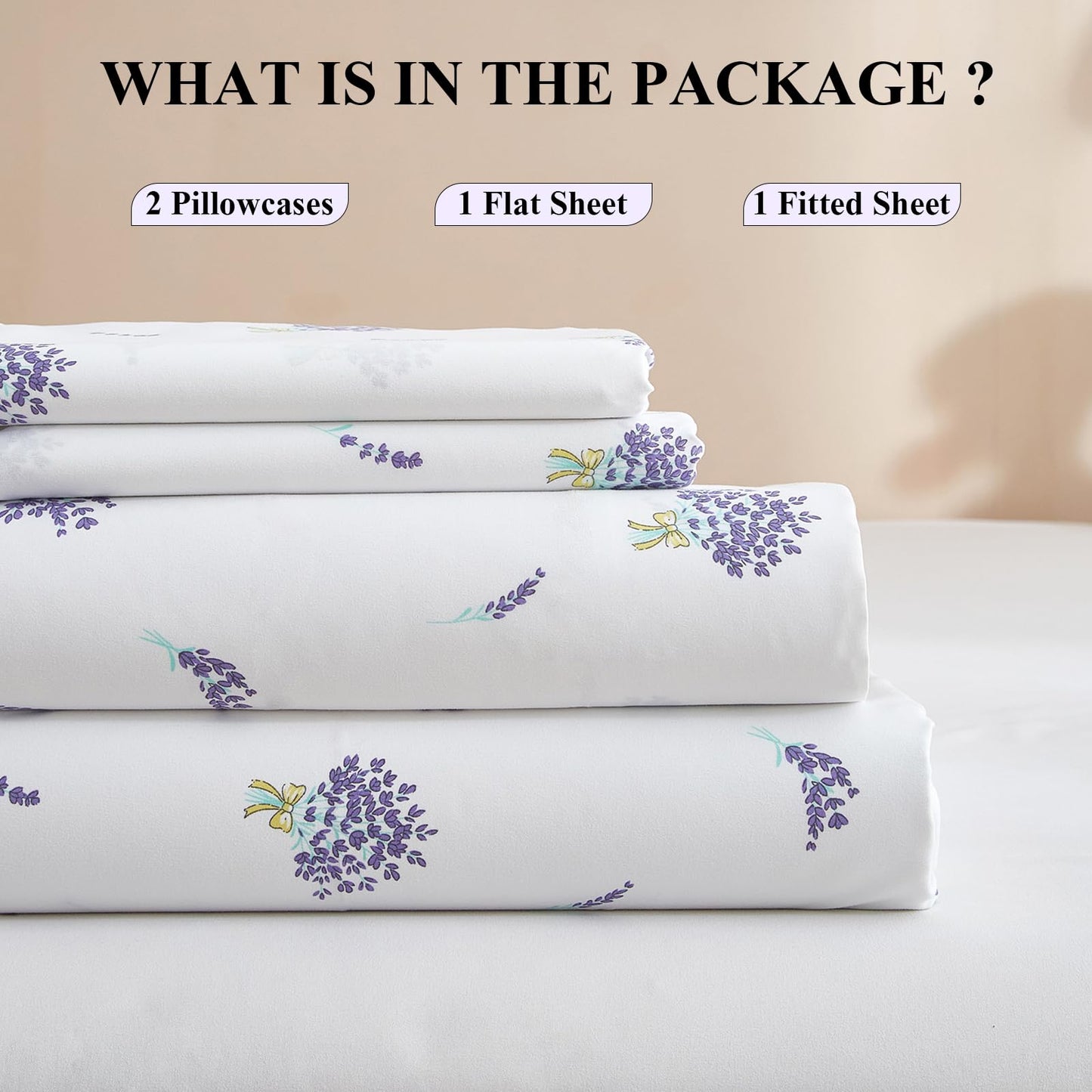 AMWAN Floral California King Size Sheets Set White 4 Piece，Extra Deep Pocket Sheets - Soft Flat Sheet - Cooling Bed Sheets Purple Floral Super Soft with Fitted Sheet,2 Pillowcases Set
