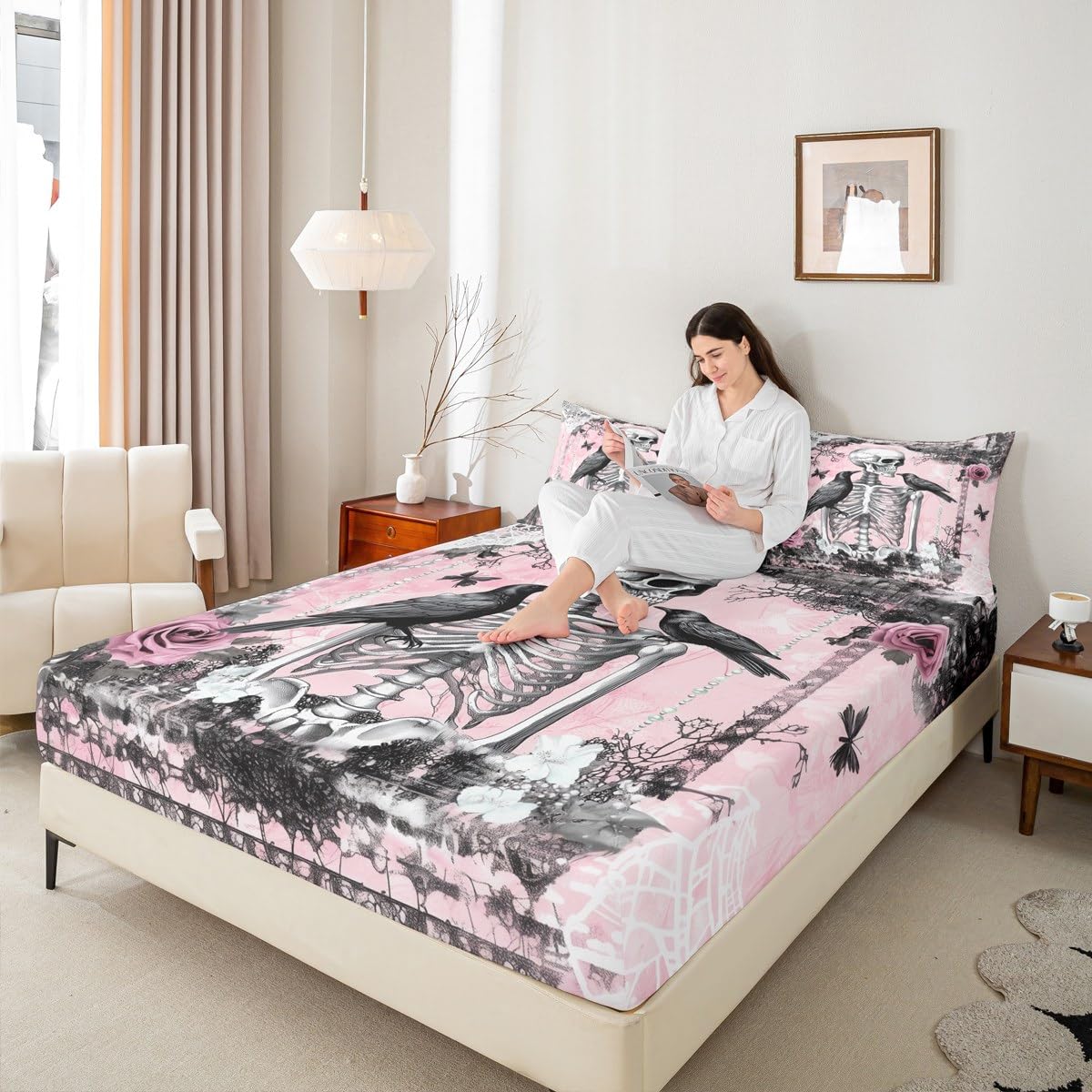 Erosebridal Gothic Crow Bed Sheets Set Full Raven Bird Flat Fitted Sheet Skull Skeleton Bones Bed Set for Kids Adult Women Men Bedroom Decor,Pink Halloween Horror Bedding Sets with 2 Pillow Cases