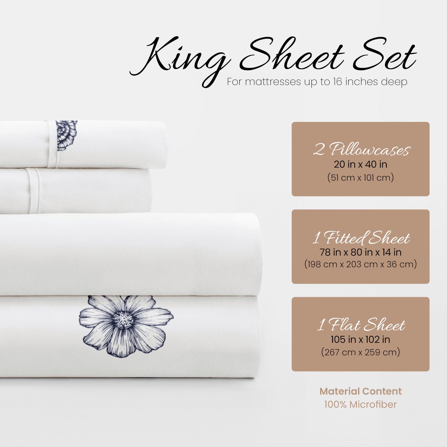 Linen Market Patterned Microfiber King Sheet Set 4 Piece – Oeko-TEX Certified Ultra Soft & Wrinkle-Free - 16" Deep Pocket Sheets - Easy Care King Size - Indigo Flowers Navy