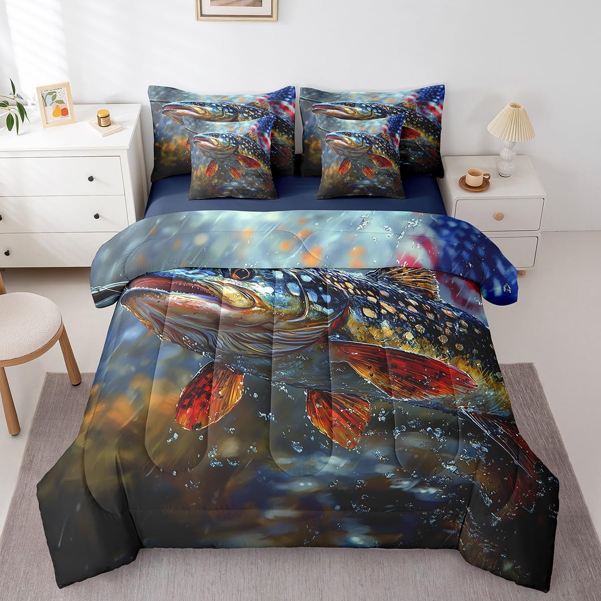 Erosebridal 3D Underwater World 7 Pcs Comforter Set Queen Size,Fish Sealife Bed in a Bag with Flat Sheet and Fitted Sheet for Kids Teens Adult,Tropical Bedding Set with Pillowcase and Sham Reversible