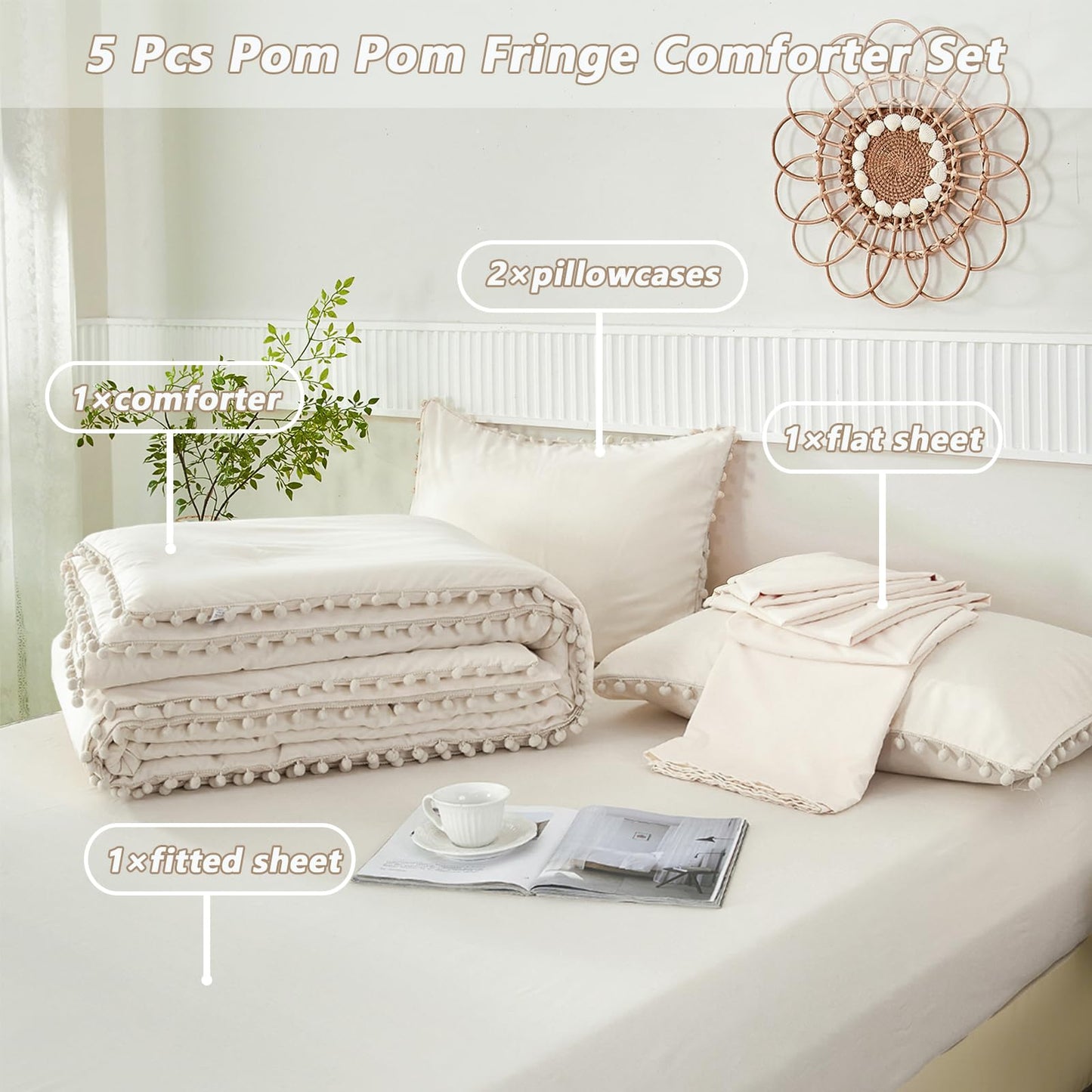 PERFEMET Girls Comforter Set Twin Size Beige Cream 5 Pieces Boho Pom Pom Bed in A Bag with Sheets Ultra Soft Lightweight Fluffy Beige Solid Bedding Set Matching 2 Pillowcases(Beige Cream, Twin)