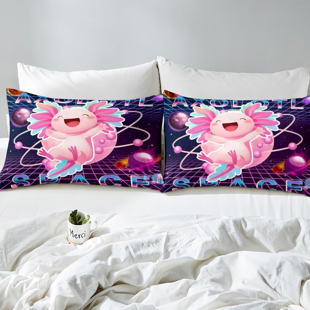 Kawaii Axolotl Bedding Set Twin for Boys Kids Galaxy Starry Sky Fitted Sheet Teens Girls Universe Outer Space Fitted Bed Sheets Cute Reptiles Animal Coastal Axolotl Bedspread Cover with 1 Pillowcase