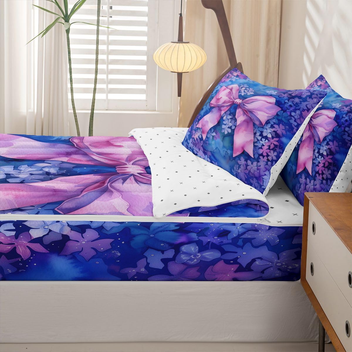 Feelyou Blue Flower Zipper Bedding Purple Bow Comforter Set for Kids Boys Girls Queen Size Cute Ribbon Zippered Kids Bedding Set Ultra Soft Dreamy Princess Style Bed in a Bag