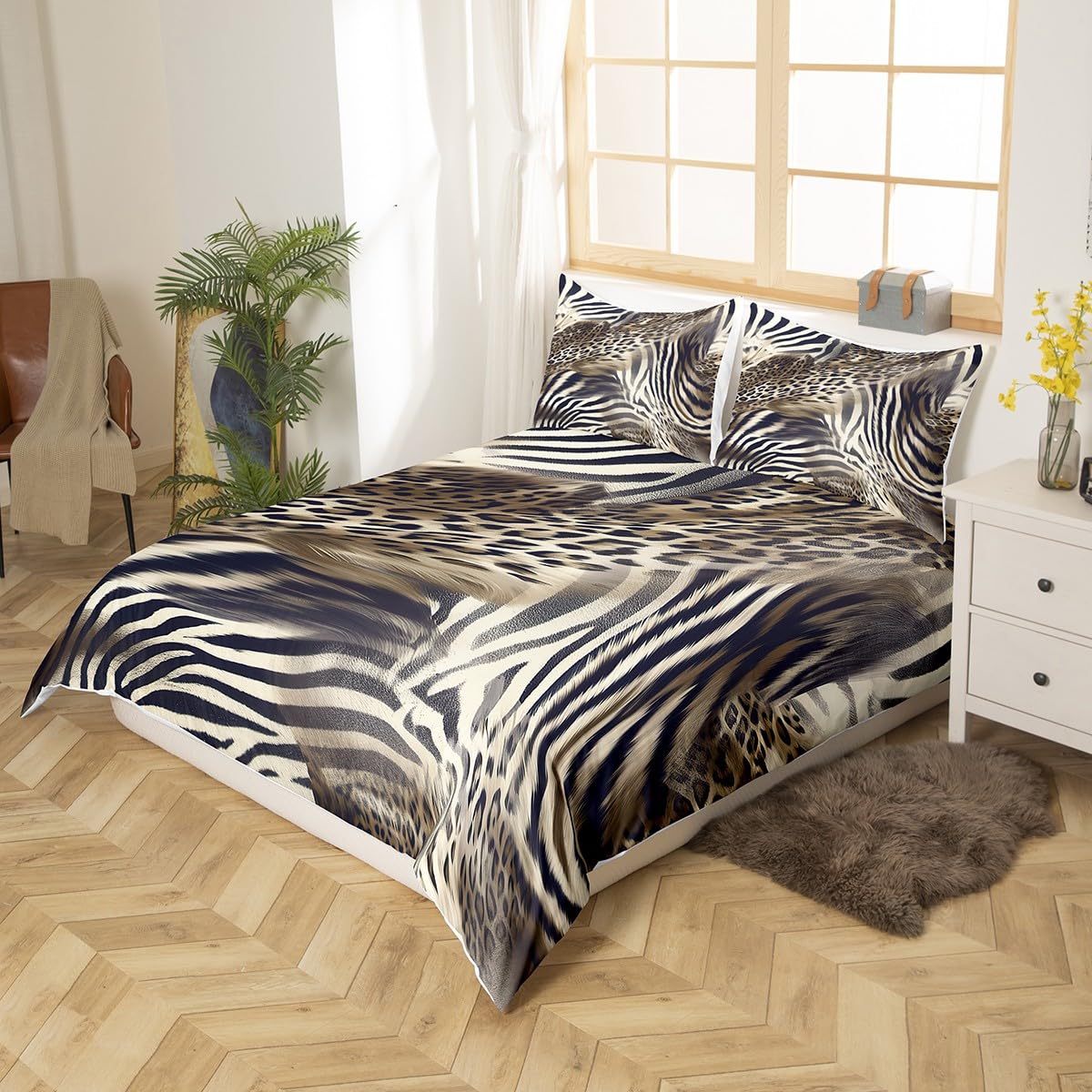 Feelyou Leopard Pattern Duvet Cover Animal Print Cheetah King Bedding Set for Kids Man and Woman Luxury Comforter Cover Golden Bedspread Cover Decor Bedroom Collection 3Pcs King Size