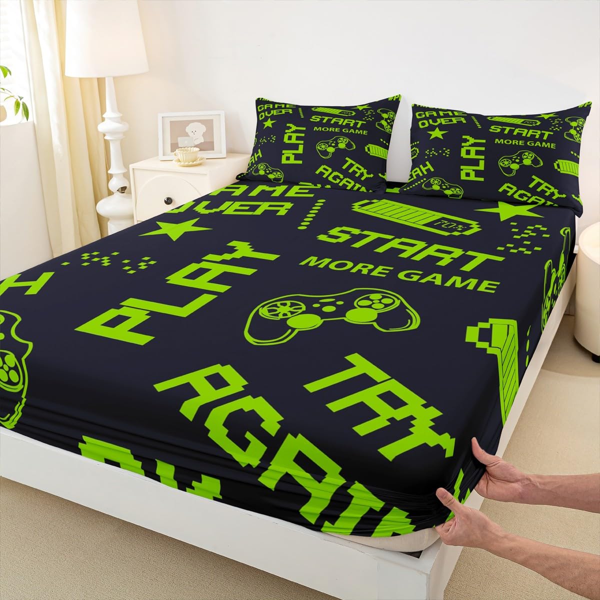 Erosebridal Games Fitted Sheet Twin Size Kids Boys Gamepad Gamer Bedding Set Gaming Sheet Set Gifts for Christmas Bed Cover Gamer Room Decor with 1 Pillow Case Green Black No Flat Top Sheet