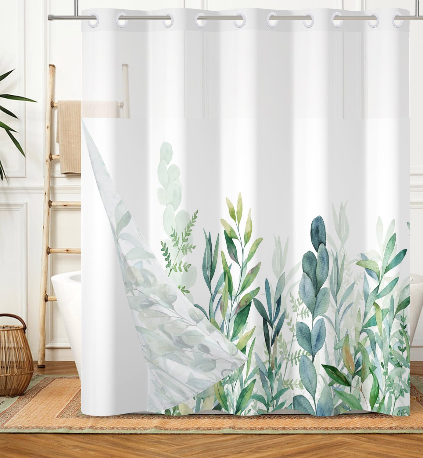 DASHAN No Hook Shower Curtain with Snap in Liner, Green Leaf Shower Curtains for Bathroom, Botanical Bath Curtain Sage Green Plant Fabric Bathroom Curtains 71"x74"