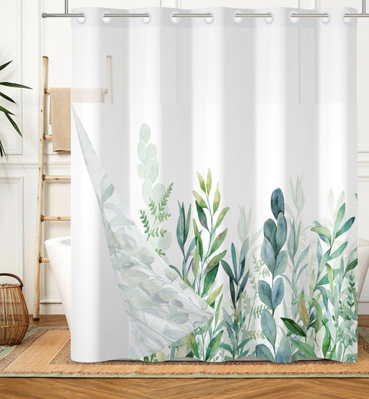 DASHAN No Hook Shower Curtain with Snap in Liner, Green Leaf Shower Curtains for Bathroom, Botanical Bath Curtain Sage Green Plant Fabric Bathroom Curtains 71"x74"