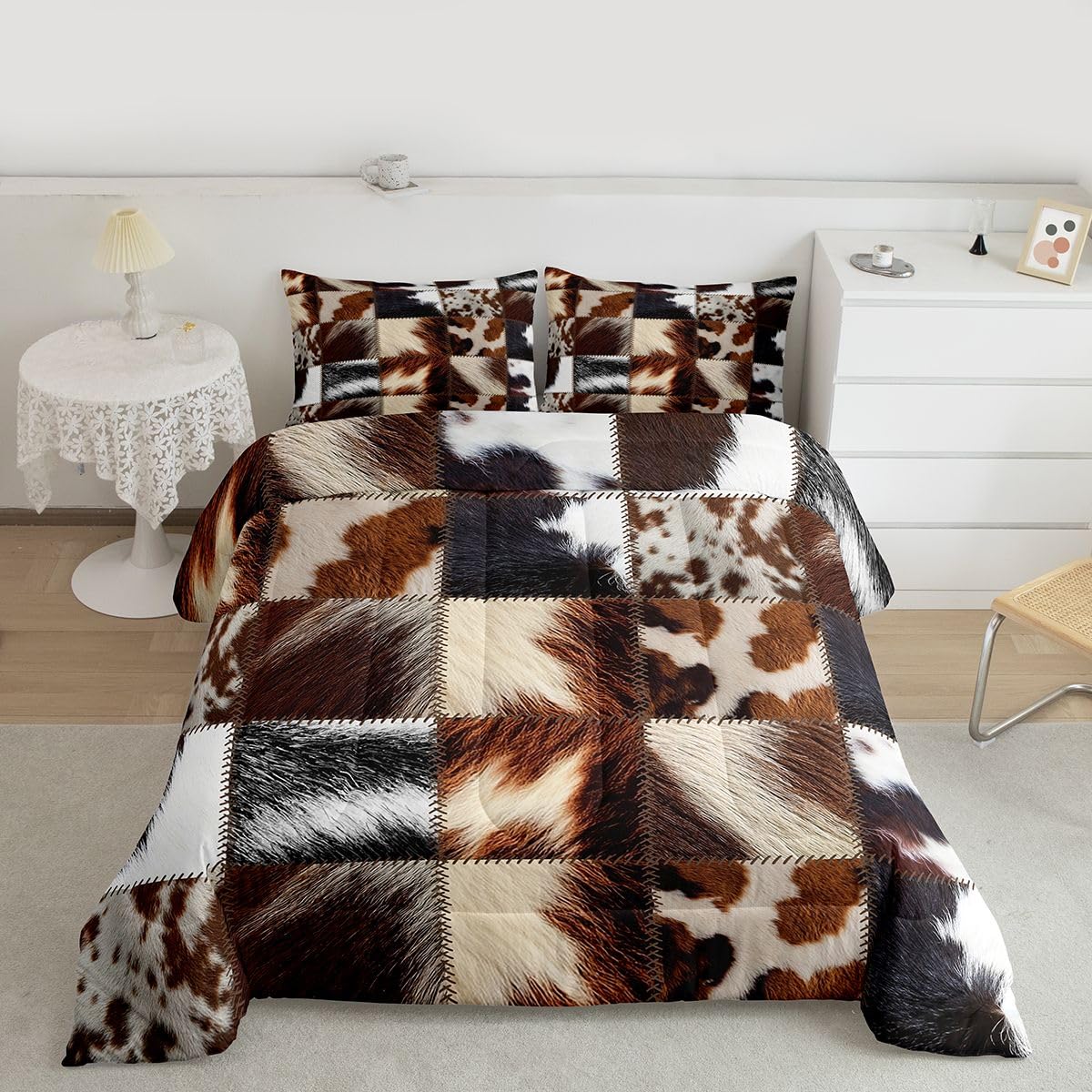 jejeloiu Cowhide Pattern Comforter Set Queen Size Cow Fur Print Bedding Set for Boys Girls Cowhide Patchwork Duvet Quilt Western Farm Animal Skin Bedroom Decor Microfiber 3 Pcs with 2 Pillow Cases