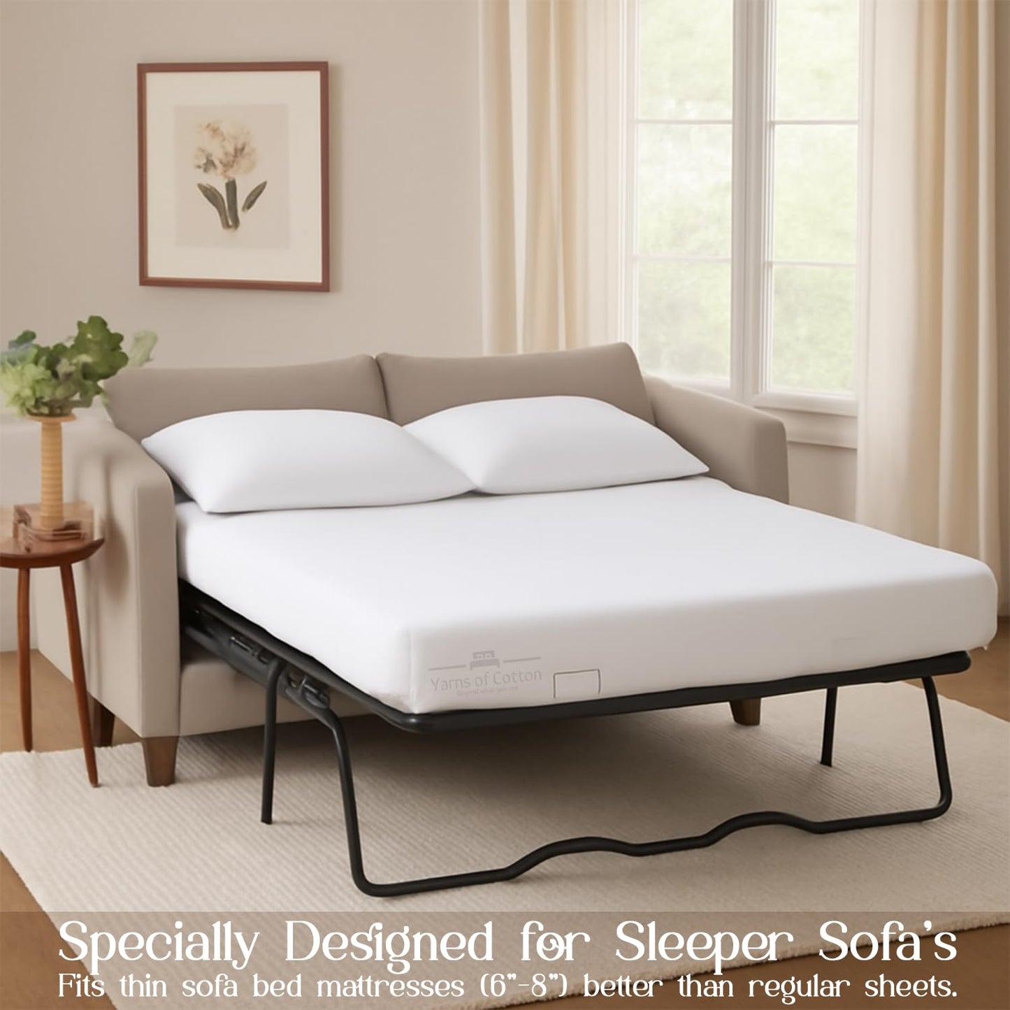 Sleeper Sofa Bed Sheet, 100% Cotton 400 Thread Count, 4 Piece Set, Deep Pocket Fitted Sheet, Soft Wrinkle Free & Breathable, Luxury Hotel Quality, Fits Up to 6 Inch Mattress (Full, White)