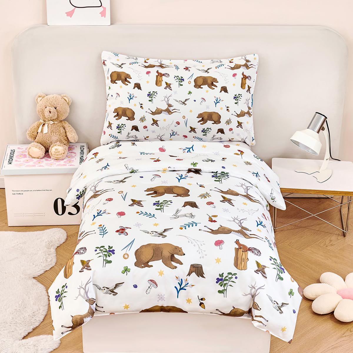 PERFEMET 4-Piece Toddler Bedding Set-Reversible Woodland Animal Toddler Bed Sets for Boys Girls-Soft Lightweight Cartoon Bear Deer Print Toddler Bed Comforter with Sheets for All Season