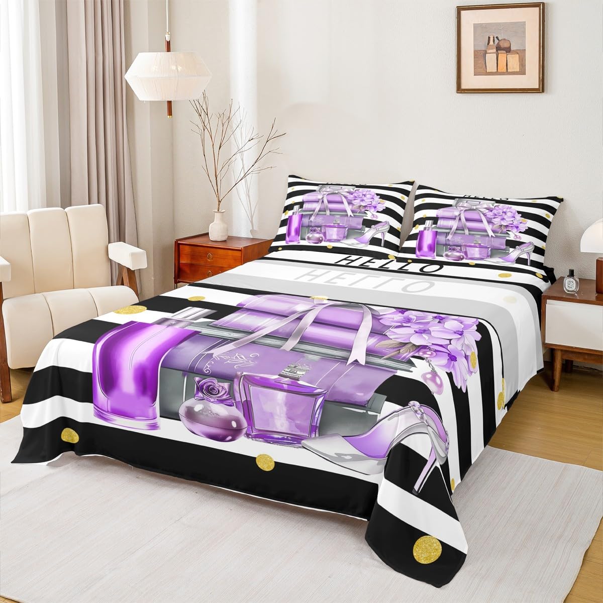 Erosebridal Black and Purple Bed Sheets King Size Fashion Black White Girly Sheets for Girl Women Modern Flower Floral Perfume Striped Sheet Set High Heels Magazine Books Bedding Set