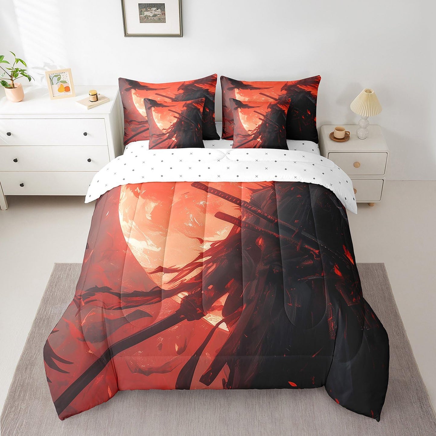 7 Pieces Twin Size Japan Samurai Comforter Set,Japanese Ukiyo-e Soldier Sword Bedding Set for Boys Men,Moon Crow Bird Animal Rustic (Comforter+Fitted+Flat Sheet+2 Pillowcases+2 Throw Pillow Covers)